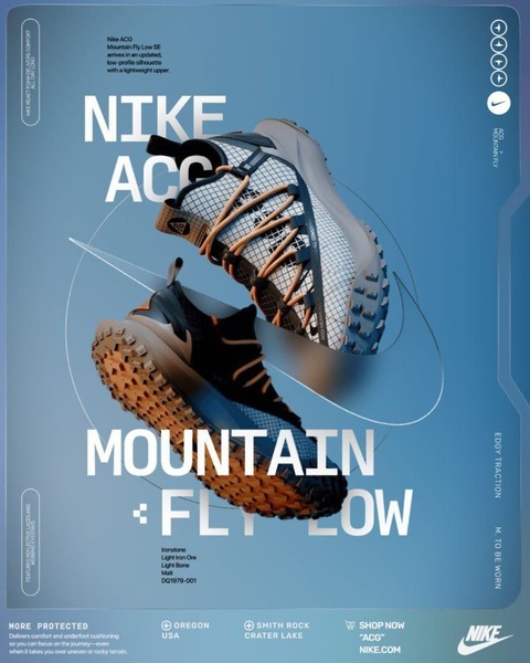 A split-view product display showcasing a running shoe from two different angles against a high-contrast blue gradient background.