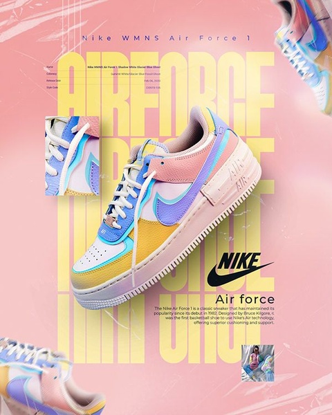 A visually dynamic, layered product ad featuring the Air Force 1 shoe with color-blocked backgrounds and technical specifications.
