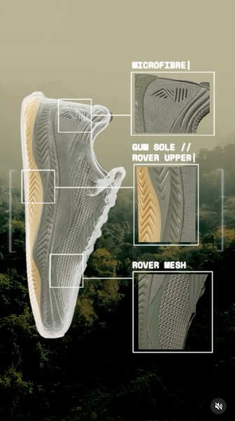A 9:16 vertical creative that breaks down shoe components like microfibre, gum sole, and mesh using precise, technical callouts over a forest background.