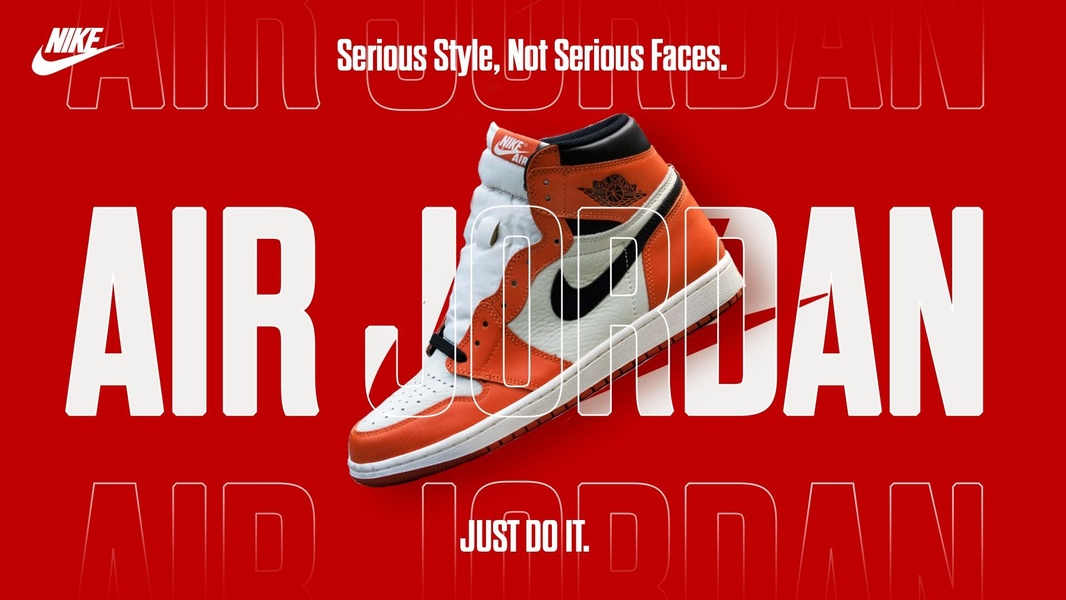 This ad features a high-angle, crisp product shot of a running shoe centered against a vivid red background with bold, overlapping typography.