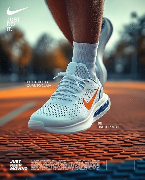 This ad features a close-up of a high-performance running shoe in motion on a track, utilizing aspirational copy to link physical effort with personal success.