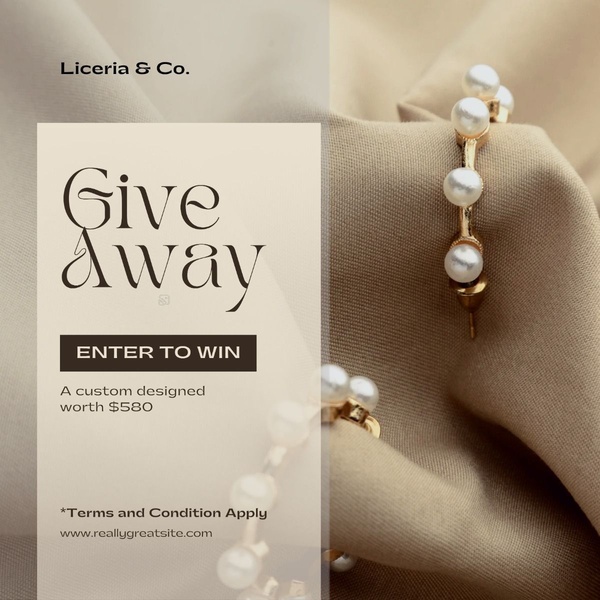 A refined, text-led giveaway creative for pearl hoop earrings, utilizing a clean neutral background to focus entirely on the product value.