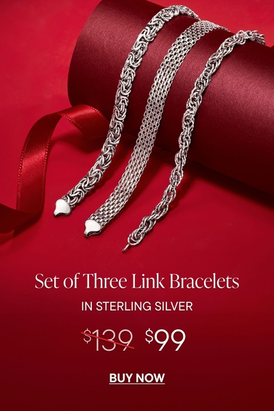 A high-contrast visual display of three sterling silver link bracelets against a deep red backdrop, featuring a clear price strike-through to incentivize immediate purchase.