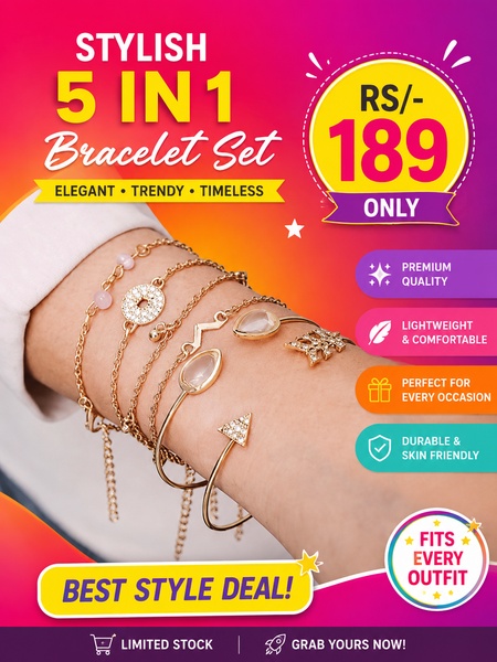 A vibrant 3:4 promotional graphic featuring a bracelet set on a wrist with clear price signaling and benefit bullet points.