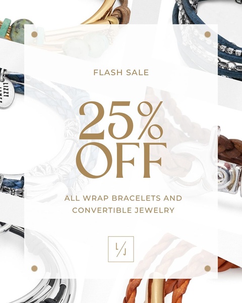 This ad creative uses a clean, white-space focused overlay to highlight a 25% off offer for wrap bracelets and convertible jewelry.