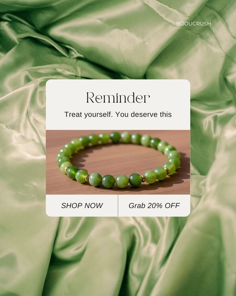 A refined, high-end visual featuring a green beaded bracelet set against a soft silk background with a clear discount offer.
