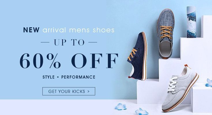 A high-contrast, clean 16:9 ad creative featuring three different mens shoe models displayed on a stepped pedestal against a solid light blue background.