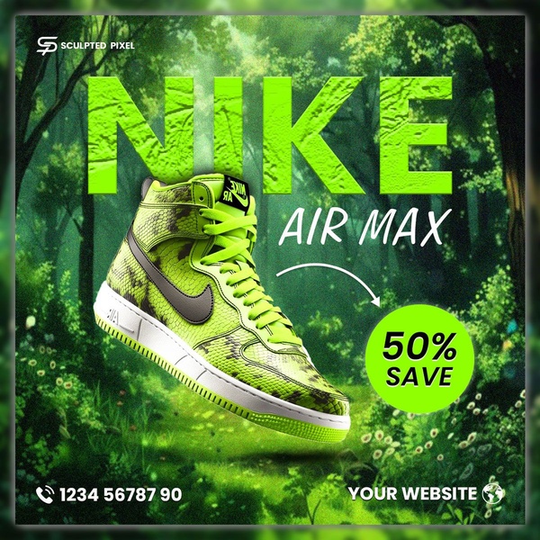 This square ad creative features a lime green running shoe set against a lush, dark forest background with bold typography and a clear 50% discount callout.