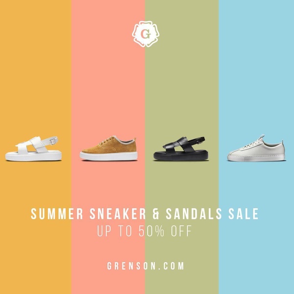 A clean 1:1 square grid advertisement featuring four distinct shoe models set against a soft, color-blocked pastel background, emphasizing a seasonal discount.