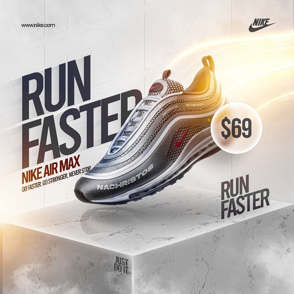 A high-energy running shoe ad using a clean, floating product presentation and clear pricing to drive immediate action.