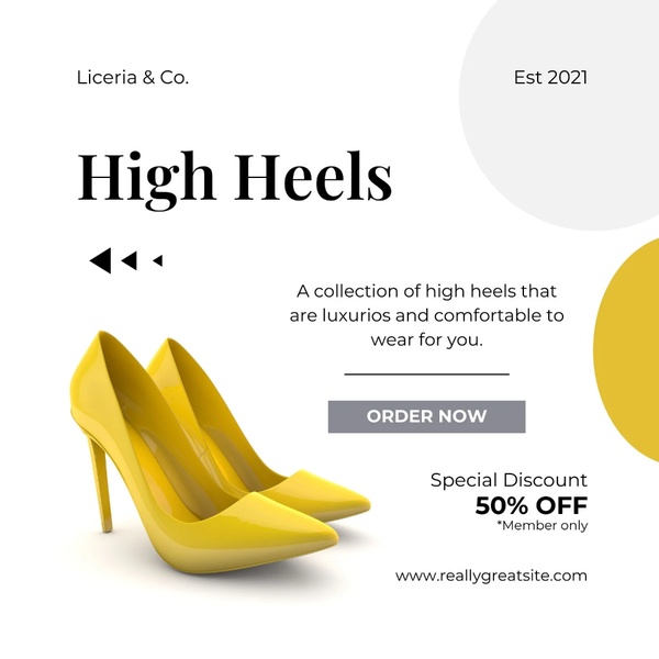 A clean, square-format ad creative featuring a product shot of yellow high heels, a clear value proposition, and a prominent call-to-action button.