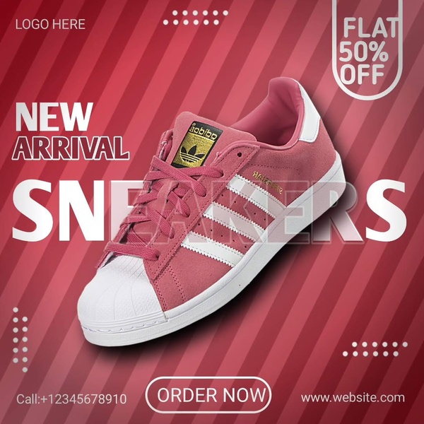 This square format ad features a single product on a diagonal-striped red background with a prominent discount badge and clear call-to-action.