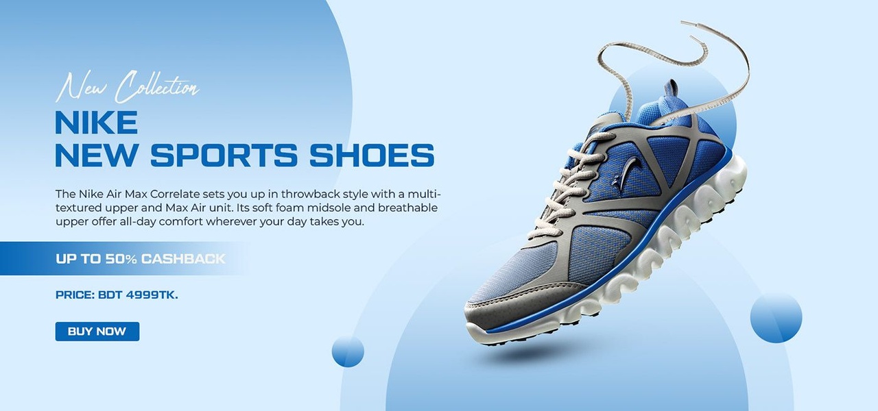 A clean, studio-lit display of a single running shoe set against a soft blue gradient background, emphasizing product features and a clear price incentive.