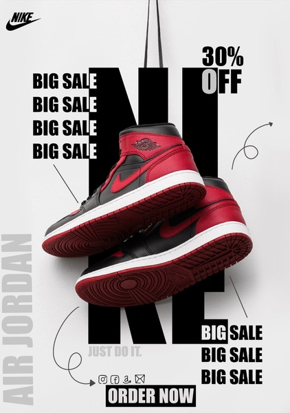 A high-contrast advertisement for running shoes featuring a 30% off discount, heavy black-on-white typography, and a centered product presentation.