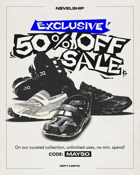 A high-contrast graphic advertisement for a footwear collection featuring a bold, street-style sale announcement over a cluster of sneakers.