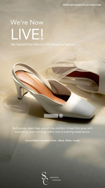 A vertical 9:16 ad featuring an elegant pair of white mules against a soft, draped background with a clear call-to-action for a live shopping event.