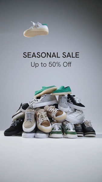 A top-down 9:16 vertical creative featuring a large pile of various sneakers with a single shoe floating above, centered on a seasonal discount message.