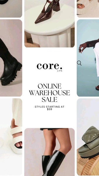 A high-conversion collage layout showcasing multiple footwear styles to advertise an online warehouse sale with clear starting-at pricing.
