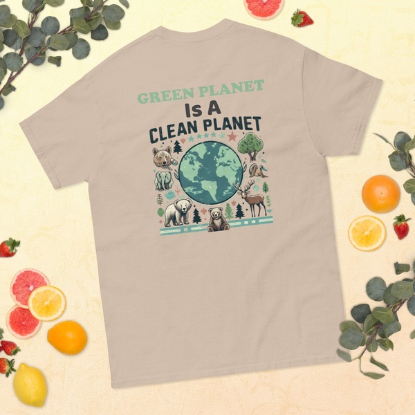 graphic t-shirt, cotton t-shirt, printed tee, crew neck shirt, casual shirt, brand awareness, flat lay, minimalist, fresh, playful, neutral, green