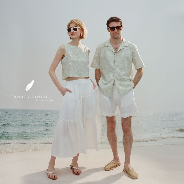 linen shirts, linen tops, linen skirts, linen shorts, summer clothing, brand awareness, lifestyle, outdoor, fresh, calm, neutral, green, summer sale