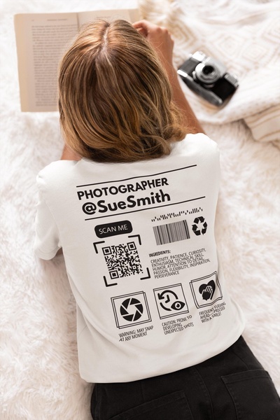 graphic t-shirt, custom print tee, photographer shirt, cotton t-shirt, casual crew neck, brand awareness, lifestyle, minimalist, playful, calm, neutral