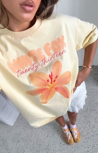 graphic t-shirt, oversized tee, printed t-shirt, cotton t-shirt, crew neck tee, new arrival, lifestyle, ugc style, playful, fresh, pastel, yellow