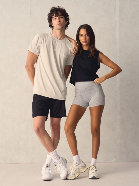 athletic shorts, performance t-shirt, training tank top, workout clothing, sportswear set, athletic socks, training sneakers, brand awareness, lifestyle, minimalist, trustworthy, calm, neutral