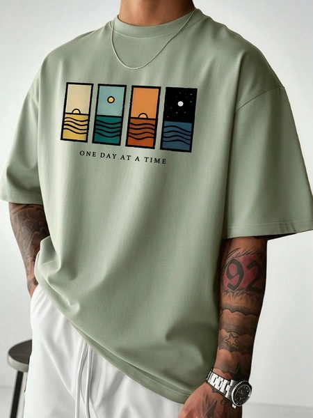 graphic t-shirt, cotton t-shirt, crew neck shirt, mens t-shirt, oversized t-shirt, short sleeve tee, bestseller push, lifestyle, calm, trustworthy, neutral, green