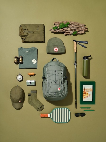 backpack, hiking clothes, outdoor jacket, hiking accessories, water bottle, hiking poles, new arrival, flat lay, calm, fresh, green, neutral