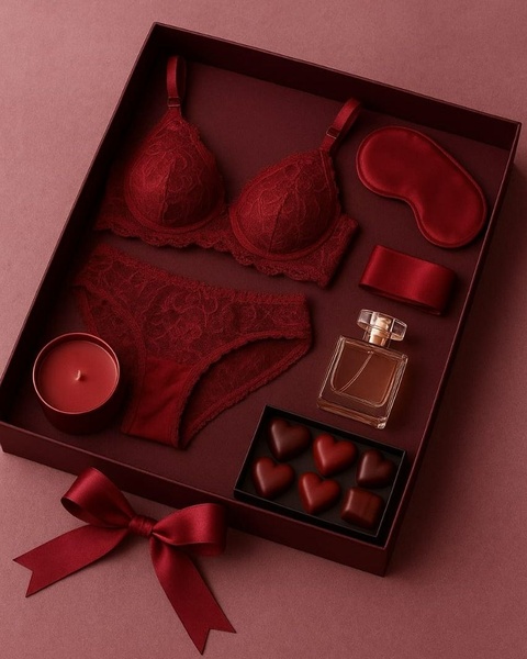 lace bra, lace panties, lingerie set, gift box, fragrance bottle, gift guide, bestseller push, minimalist, flat lay, luxurious, warm, red, valentine's day
