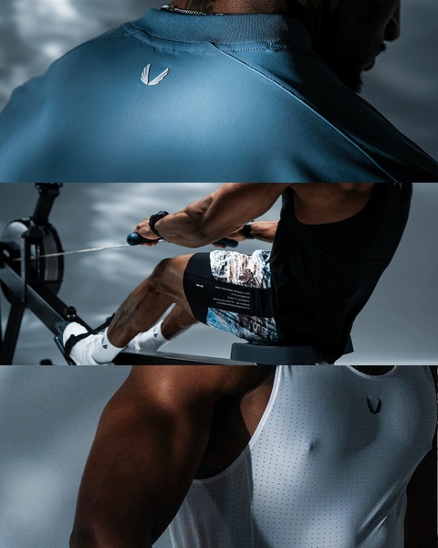 athletic tank tops, training shorts, workout clothing, gym wear, mens activewear, product demo, brand awareness, lifestyle, editorial, energetic, trustworthy, blue, neutral