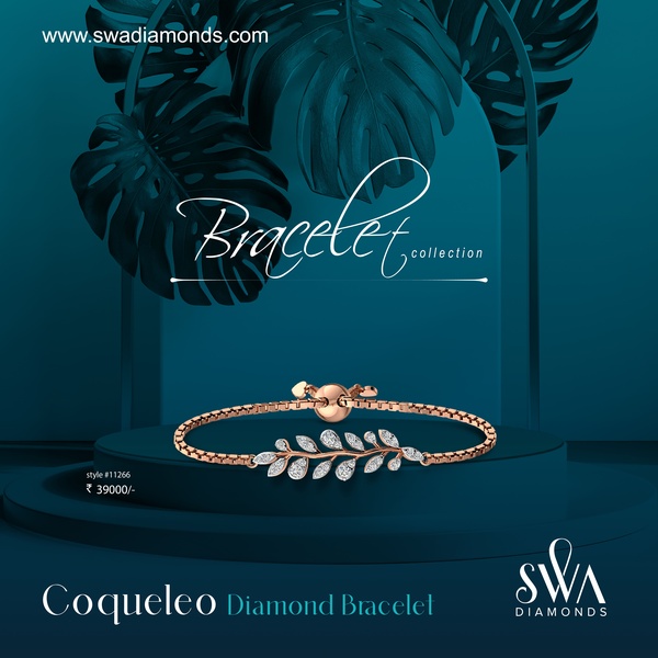 A elegant studio shot of a diamond bracelet positioned on a pedestal against a dark, nature-inspired teal background.