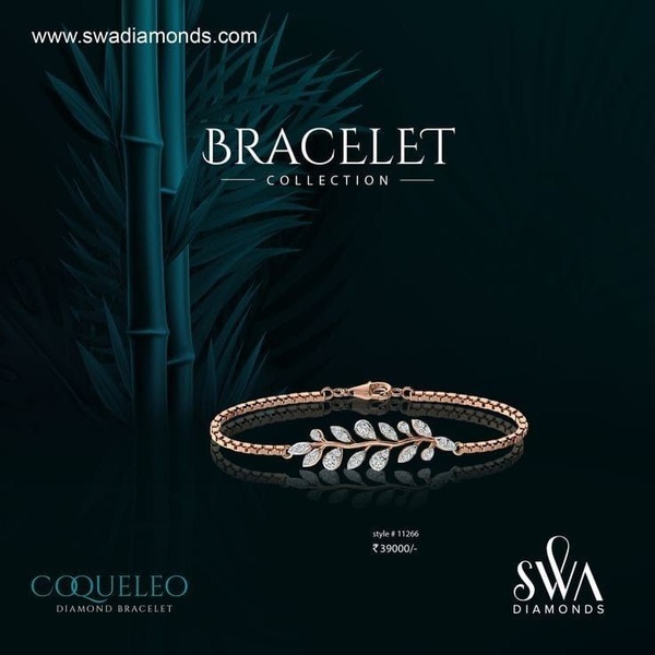 A high-end, studio-lit display of a single leaf-motif diamond bracelet set against a deep teal, nature-inspired background.