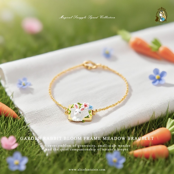 A delicate bracelet featuring a white rabbit pendant, displayed on a clean cloth amidst a vibrant green grassy meadow decorated with carrots and small blue flowers.
