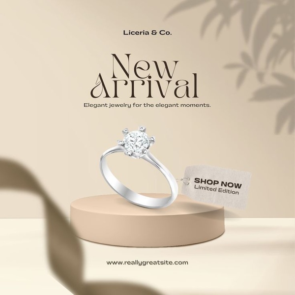 A clean, minimalist product hero shot featuring a single diamond ring on a pedestal with muted, elegant background colors.