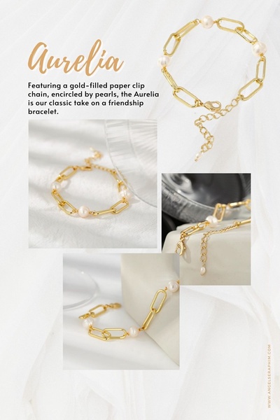 A multi-frame mood board layout featuring a gold-filled paper clip chain bracelet adorned with delicate pearls.
