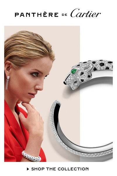 A high-end product hero shot featuring a split-composition layout with a model profile on one side and an up-close bracelet detail on the other.