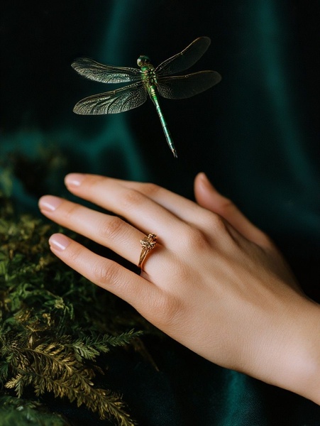 A high-end, artistic photograph featuring a gold dragonfly ring hovering just above a hand against a deep velvet green backdrop with natural forest elements.