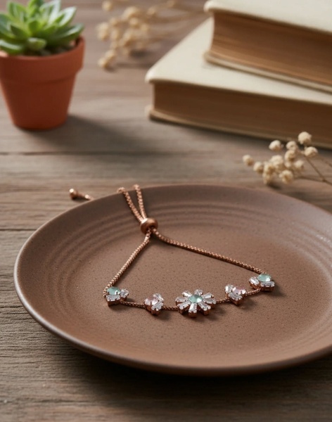A high-quality, top-down shot of a delicate multi-gemstone bracelet placed on a ceramic dish, emphasizing elegance and product detail.