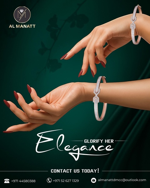 A high-end, minimalist advertisement featuring a diamond bangle on a model's wrist against a deep emerald green background.