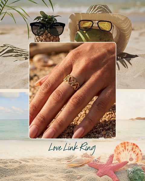 A close-up shot of a gold heart-link ring held against a beach background with tropical accessories, using a portrait 4:5 aspect ratio.
