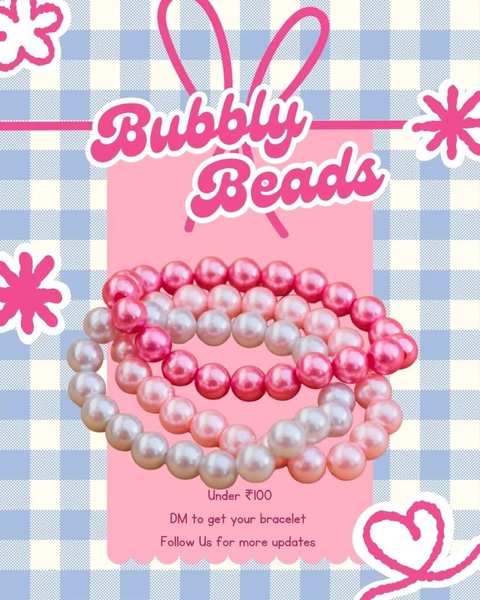 A visually soft, nostalgic graphic design featuring pearl-style bracelets stacked centrally against a blue and white checkered background.