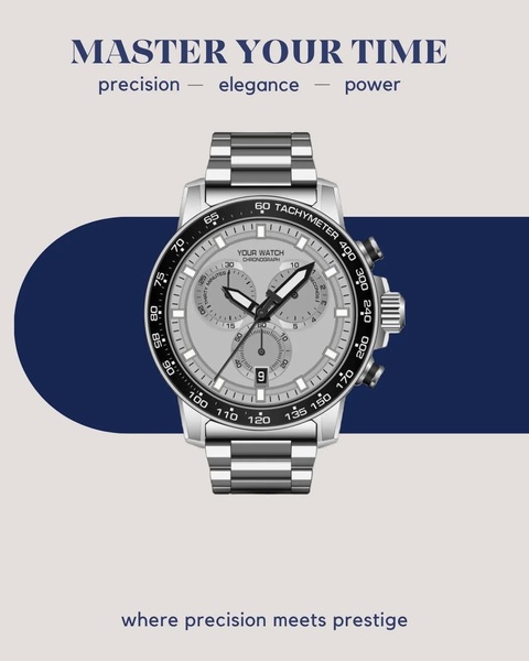chronograph watch, metal watch, analog watch, silver watch, stainless steel watch, luxury watch, brand awareness, minimalist, editorial, luxurious, trustworthy, neutral, blue