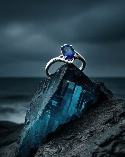 A high-contrast hero shot of a sapphire ring perched atop a sharp, jagged blue crystal on a dark, stormy beach.