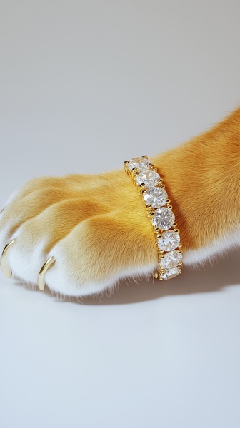 A high-end diamond tennis bracelet is elegantly placed on a ginger cat's paw to associate luxury goods with personality-driven, relatable content.