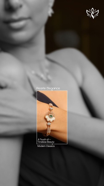 A close-up photograph of a pearl and gold bracelet on a woman's wrist, using high-contrast black and white background to highlight the product.