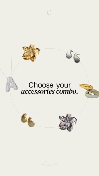 A minimalist, high-end visual showcase displaying various jewelry items in a circular layout, encouraging users to visualize their own accessories combination.