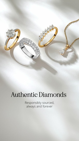 A high-end 9:16 layout featuring four distinct pieces of diamond jewelry against a soft-focus, light-filled background with crisp product messaging.