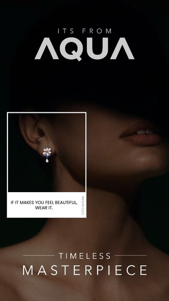 A close-up aesthetic shot of an earring on a model's ear, set against a dark background with aspirational text.