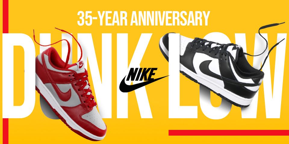 This creative showcases two colorways of a classic sneaker against a vibrant yellow background, using bold typography to announce an anniversary milestone.